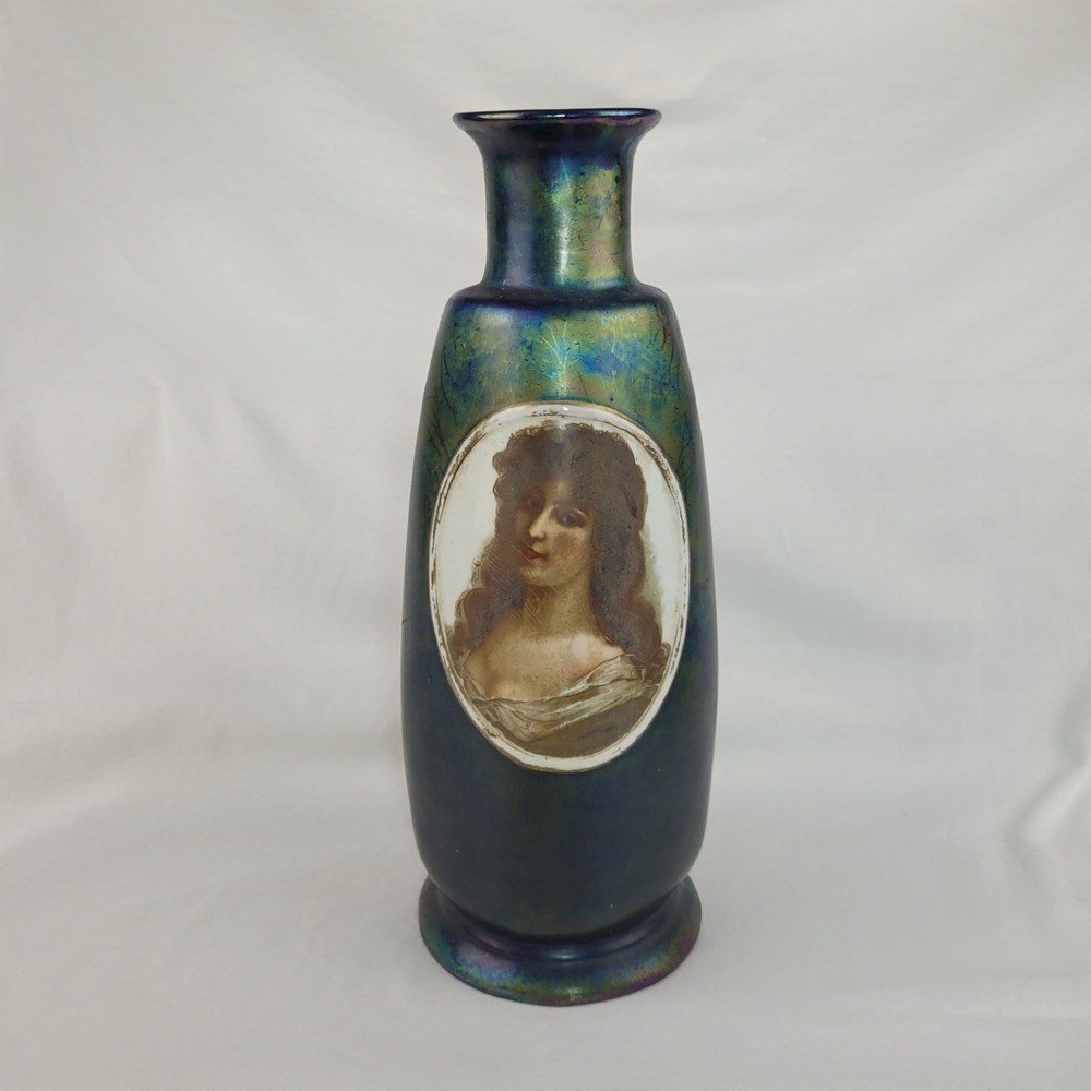 Antique Iridescent Art Glass Vase Victorian Portrait Oil Slick Finish 13.5in